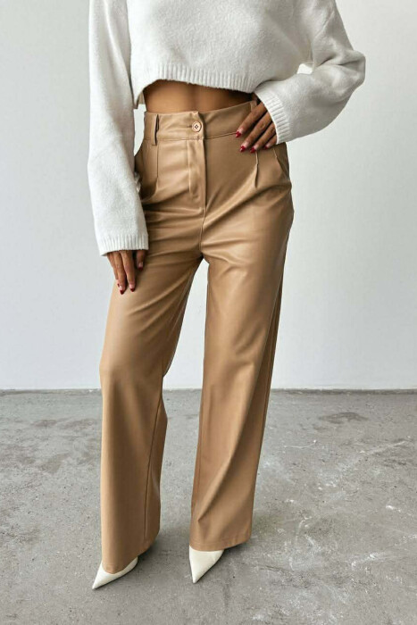 ONE COLOR LEATHER WIDE LEG WOMEN TROUSERS BEIGE/BEZHE - 1