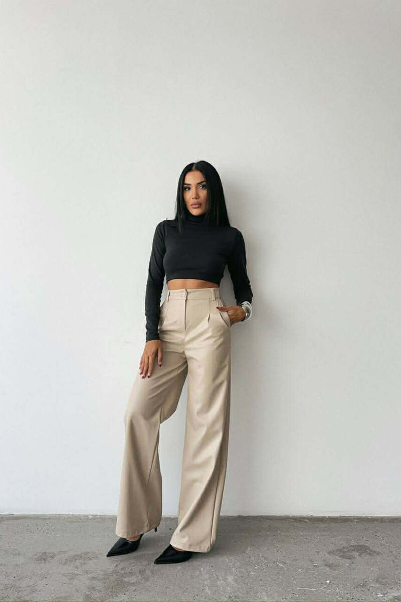 ONE COLOR LEATHER WIDE LEG WOMEN TROUSERS CREAM/KREM - 2