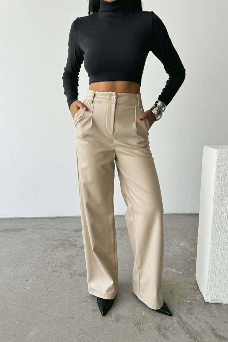 ONE COLOR LEATHER WIDE LEG WOMEN TROUSERS CREAM/KREM - 1