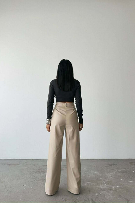 ONE COLOR LEATHER WIDE LEG WOMEN TROUSERS CREAM/KREM - 3