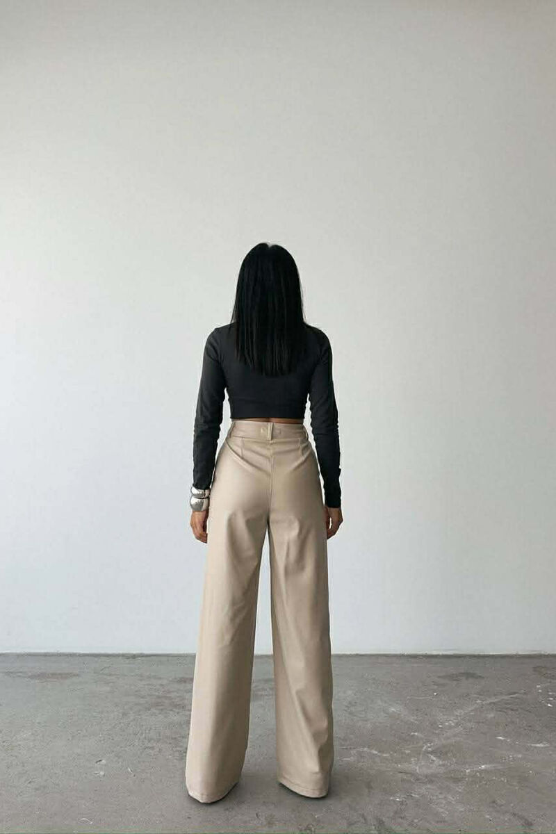 ONE COLOR LEATHER WIDE LEG WOMEN TROUSERS CREAM/KREM - 3