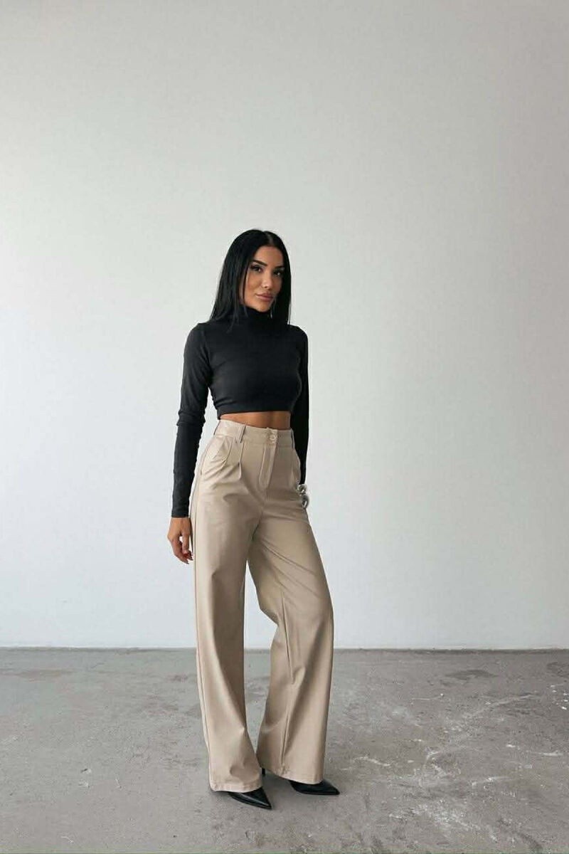 ONE COLOR LEATHER WIDE LEG WOMEN TROUSERS CREAM/KREM - 4