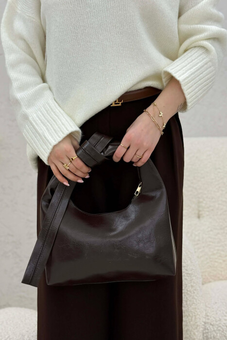 ONE COLOR LEATHER WOMAN BAG DARK BROWN/KAE - 4