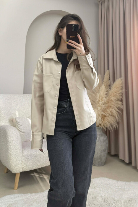 ONE COLOR LEATHER WOMEN JACKET BEIGE/BEZHE - 1