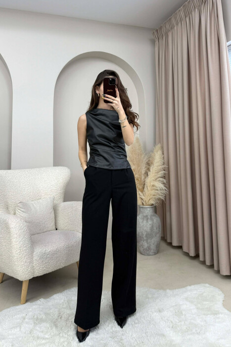 ONE COLOR LEATHER WOMEN TANK TOP BLACK/ E ZEZE - 2