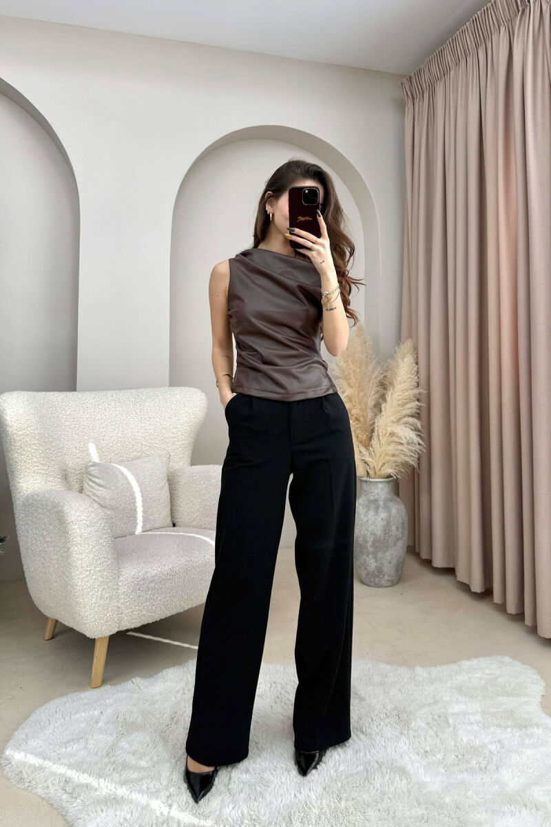 ONE COLOR LEATHER WOMEN TANK TOP BROWN/KAFE - 1