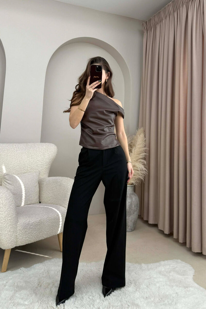 ONE COLOR LEATHER WOMEN TANK TOP BROWN/KAFE - 2