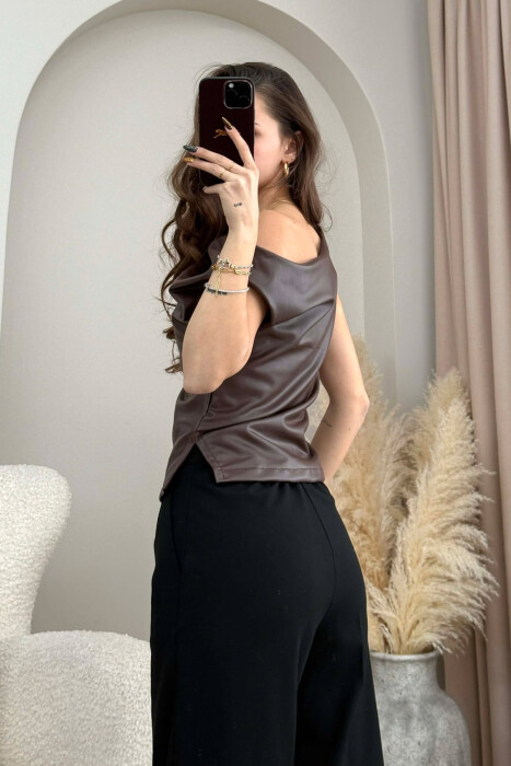 ONE COLOR LEATHER WOMEN TANK TOP BROWN/KAFE - 4