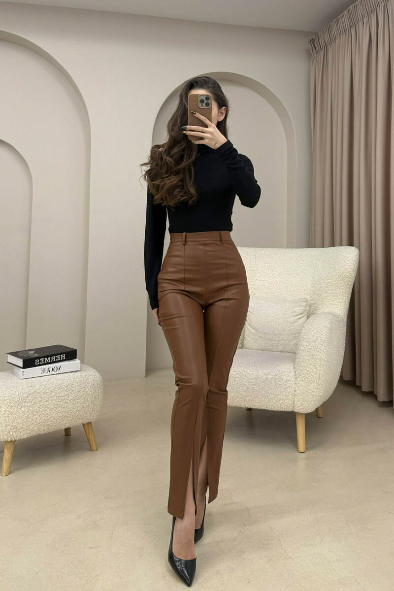 ONE COLOR LEATHER WOMEN TROUSERS BROWN/KAFE - 2