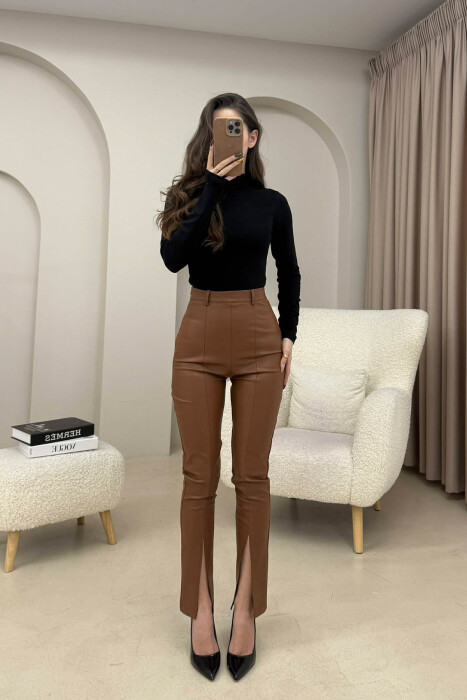 ONE COLOR LEATHER WOMEN TROUSERS BROWN/KAFE - 4