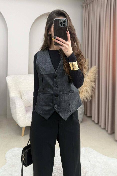 ONE COLOR LEATHER WOMEN VEST BLACK/ E ZEZE - 2