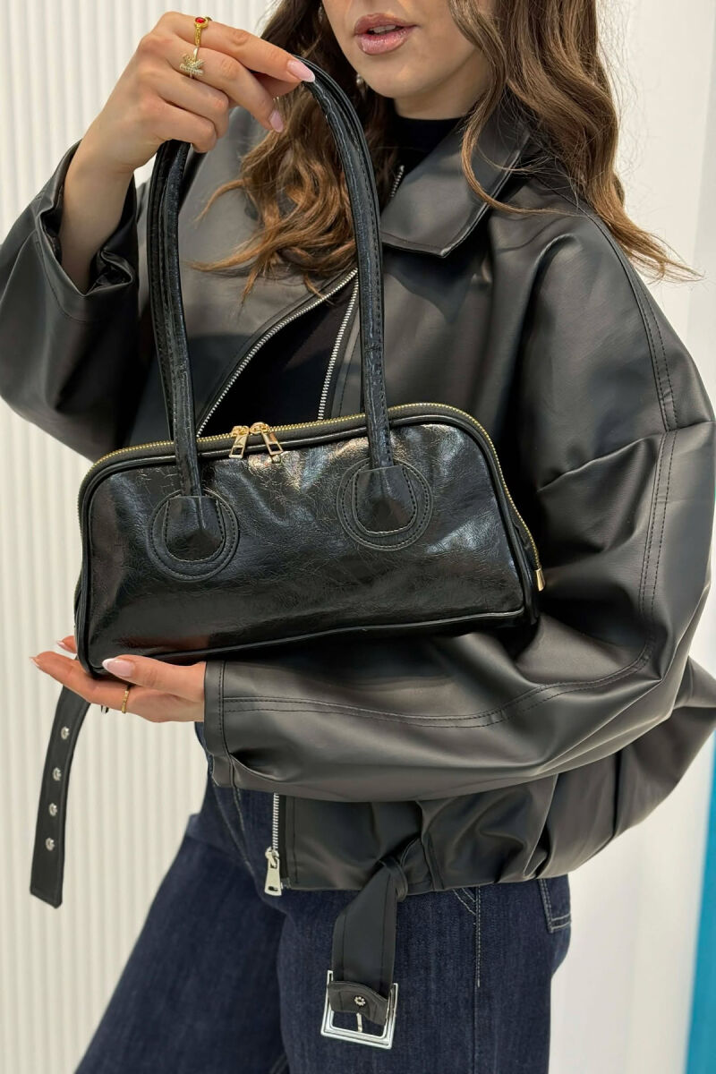 ONE COLOR LEATHER ZIPPER WOMAN BAG BLACK/ E ZEZE - 5