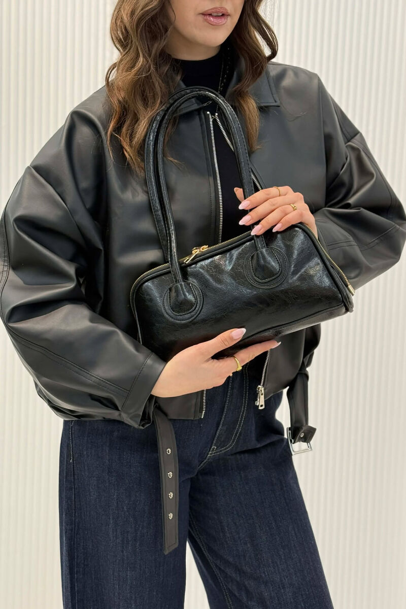 ONE COLOR LEATHER ZIPPER WOMAN BAG BLACK/ E ZEZE - 8