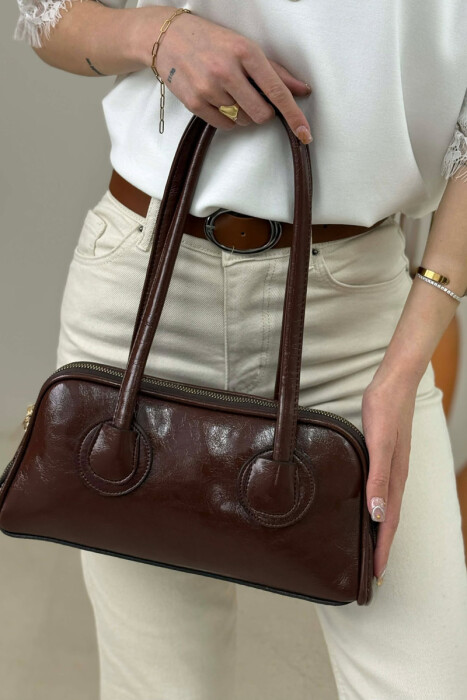 ONE COLOR LEATHER ZIPPER WOMAN BAG BROWN/KAFE 