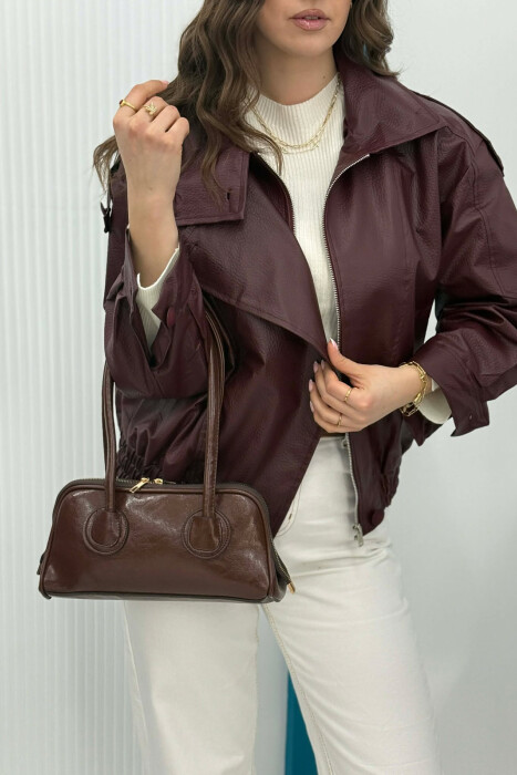 ONE COLOR LEATHER ZIPPER WOMAN BAG BROWN/KAFE - 5