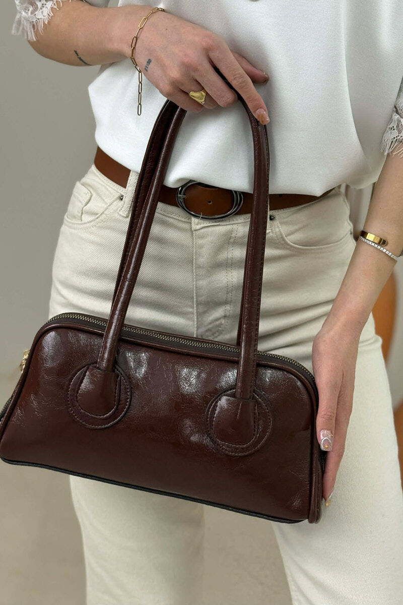 ONE COLOR LEATHER ZIPPER WOMAN BAG BROWN/KAFE - 1