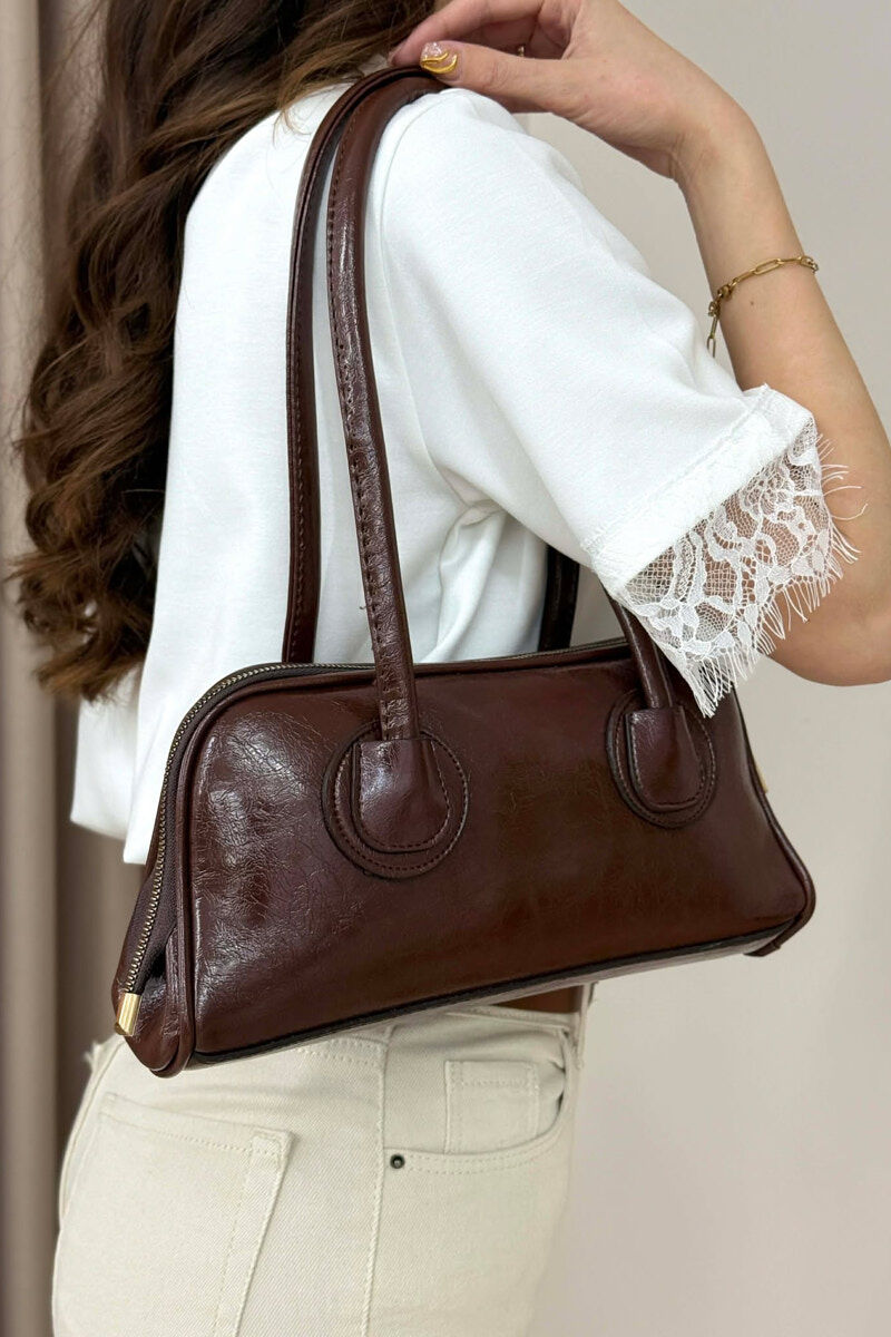 ONE COLOR LEATHER ZIPPER WOMAN BAG BROWN/KAFE - 4