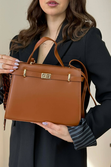 ONE COLOR LEATHER ZIPPER WOMEN BAG BROWN/KAFE 