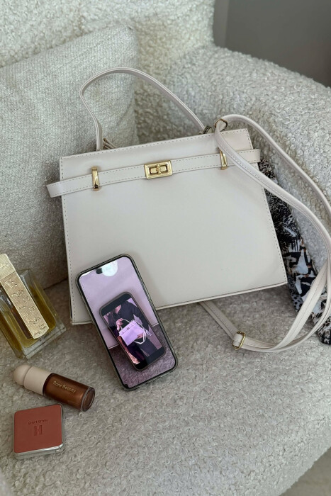 ONE COLOR LEATHER ZIPPER WOMEN BAG CREAM/KREM - 3