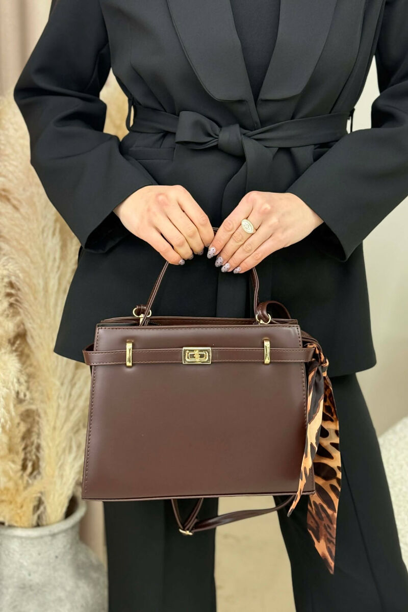 ONE COLOR LEATHER ZIPPER WOMEN BAG DARK BROWN/KAE - 1