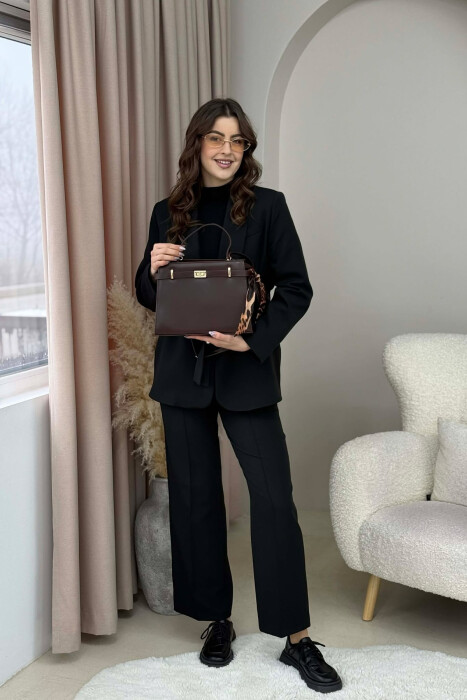 ONE COLOR LEATHER ZIPPER WOMEN BAG DARK BROWN/KAE - 2