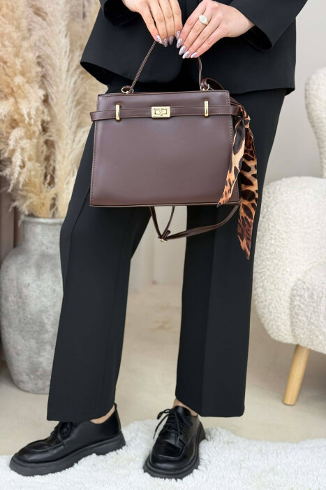 ONE COLOR LEATHER ZIPPER WOMEN BAG DARK BROWN/KAE - 5