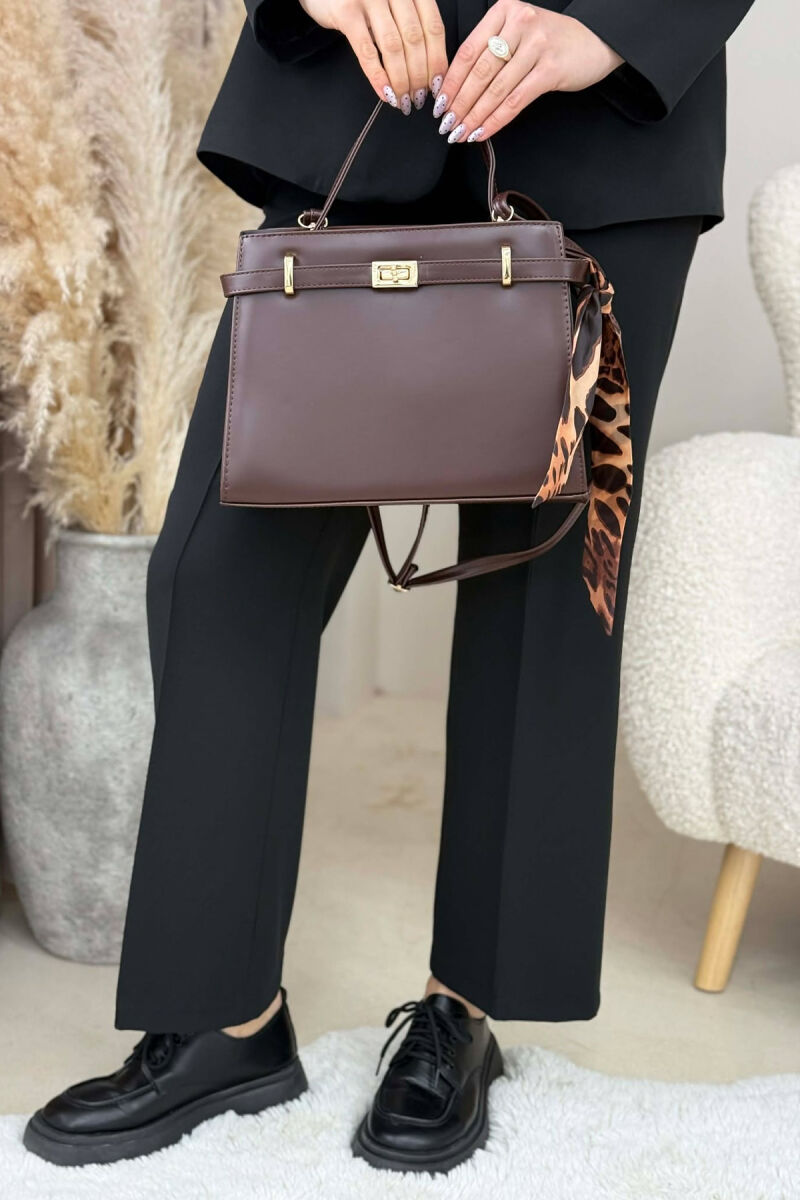 ONE COLOR LEATHER ZIPPER WOMEN BAG DARK BROWN/KAE - 5