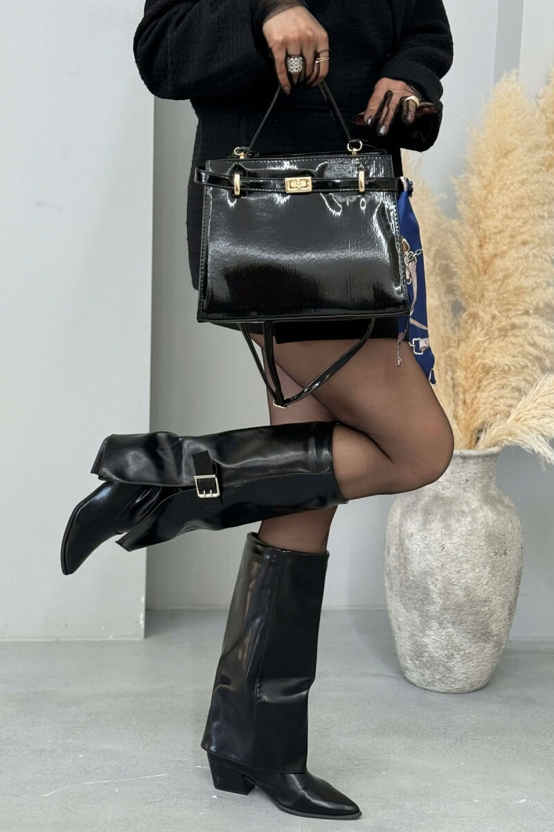 ONE COLOR LEATHER ZIPPER WOMEN BAG GLOSSY BLACK-ZEZE SHKELQIM - 5