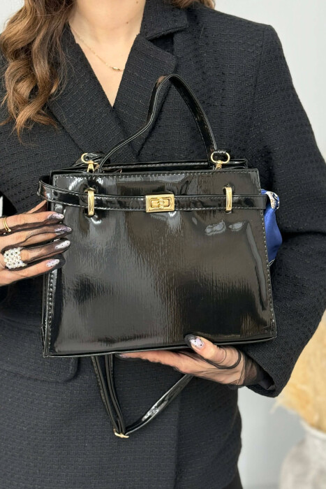 ONE COLOR LEATHER ZIPPER WOMEN BAG GLOSSY BLACK-ZEZE SHKELQIM - 1