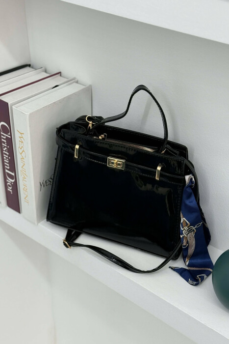 ONE COLOR LEATHER ZIPPER WOMEN BAG GLOSSY BLACK-ZEZE SHKELQIM - 6