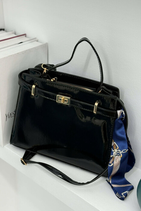 ONE COLOR LEATHER ZIPPER WOMEN BAG GLOSSY BLACK-ZEZE SHKELQIM - 7