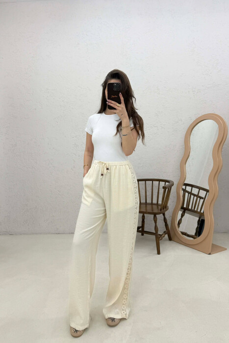 ONE COLOR LINEN WOMAN TROUSERS CREAM/KREM - 2