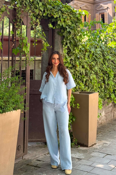 ONE COLOR LINEN BLEND SHIRT + TROUSERS WOMAN SET LIGHTBLUE/BZ - KLAUDIO FASHION