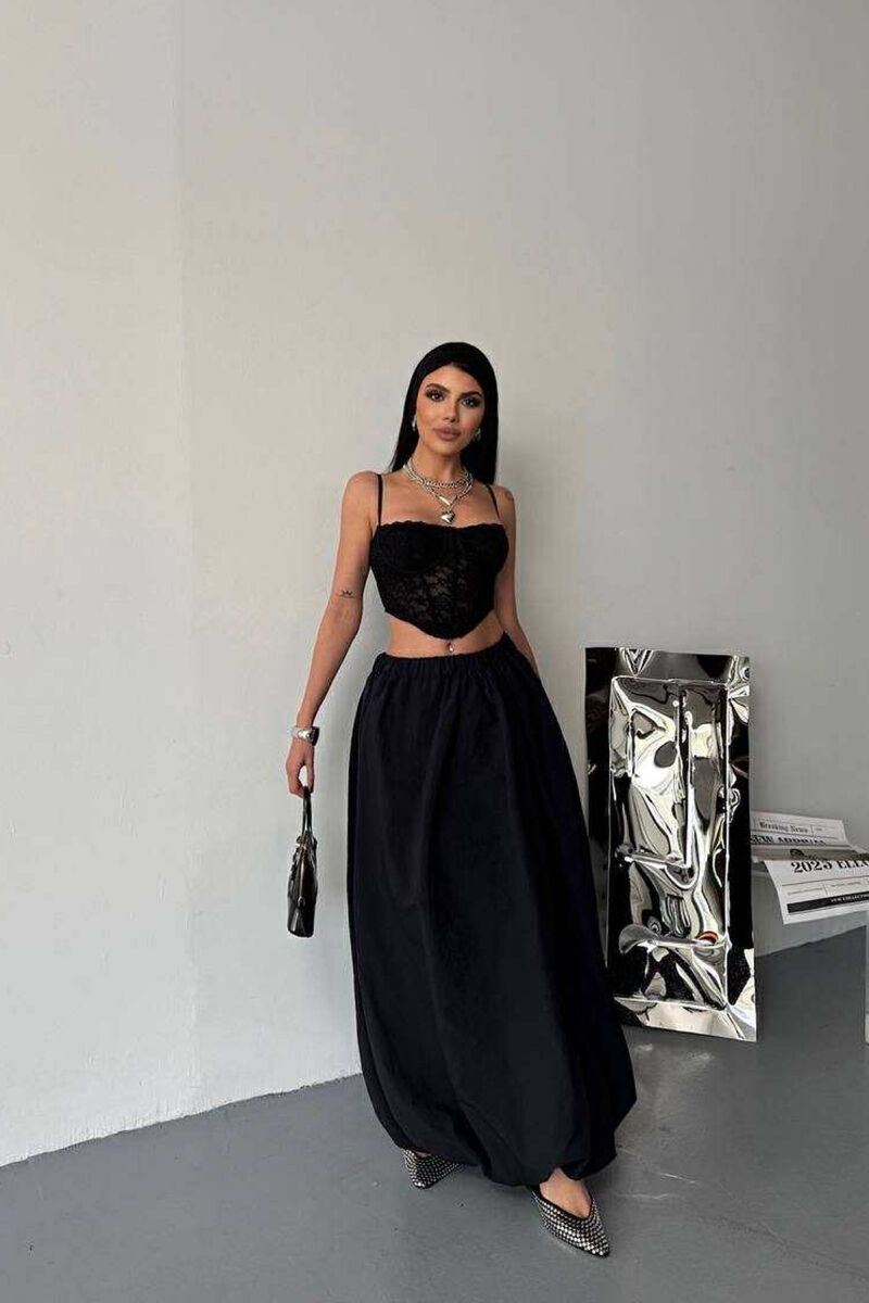 ONE COLOR LONG ELASTIC WAIST WOMEN SKIRT BLACK/ E ZEZE - 3