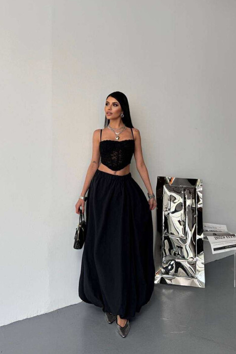 ONE COLOR LONG ELASTIC WAIST WOMEN SKIRT BLACK/ E ZEZE 