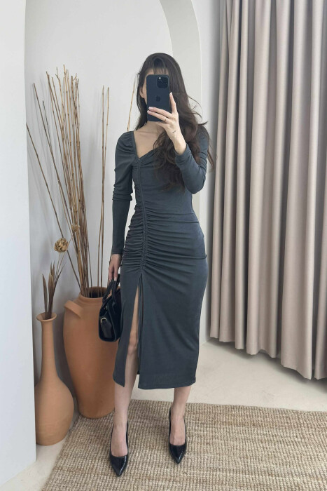 ONE COLOR LONG ELASTIC WOMEN DRESS GREY/GRI - 1