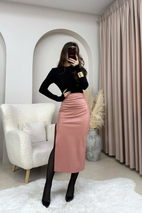 ONE COLOR LONG LEATHER WOMEN SKIRT POWDER/PUDER - 2