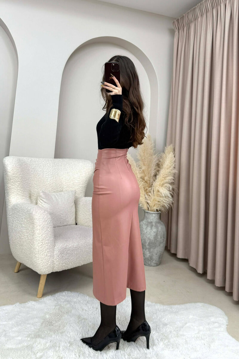 ONE COLOR LONG LEATHER WOMEN SKIRT POWDER/PUDER - 4