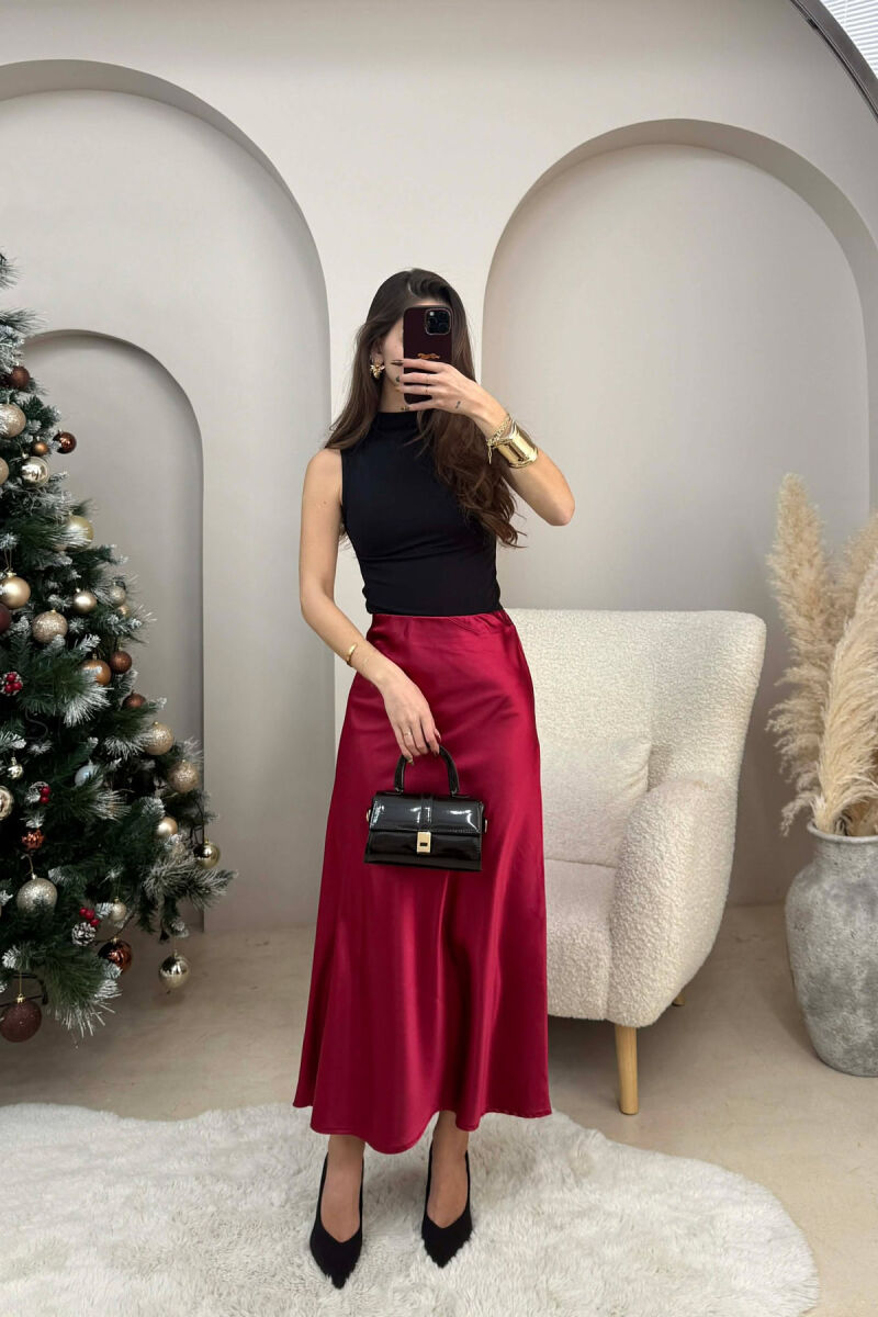 ONE COLOR LONG SATIN WOMEN SKIRT BURGUNDY/VISHNJE - 2