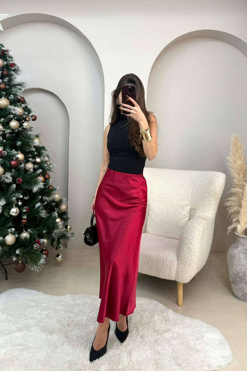 ONE COLOR LONG SATIN WOMEN SKIRT BURGUNDY/VISHNJE - 3