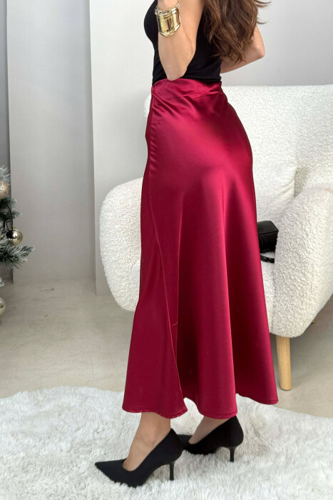 ONE COLOR LONG SATIN WOMEN SKIRT BURGUNDY/VISHNJE - 4