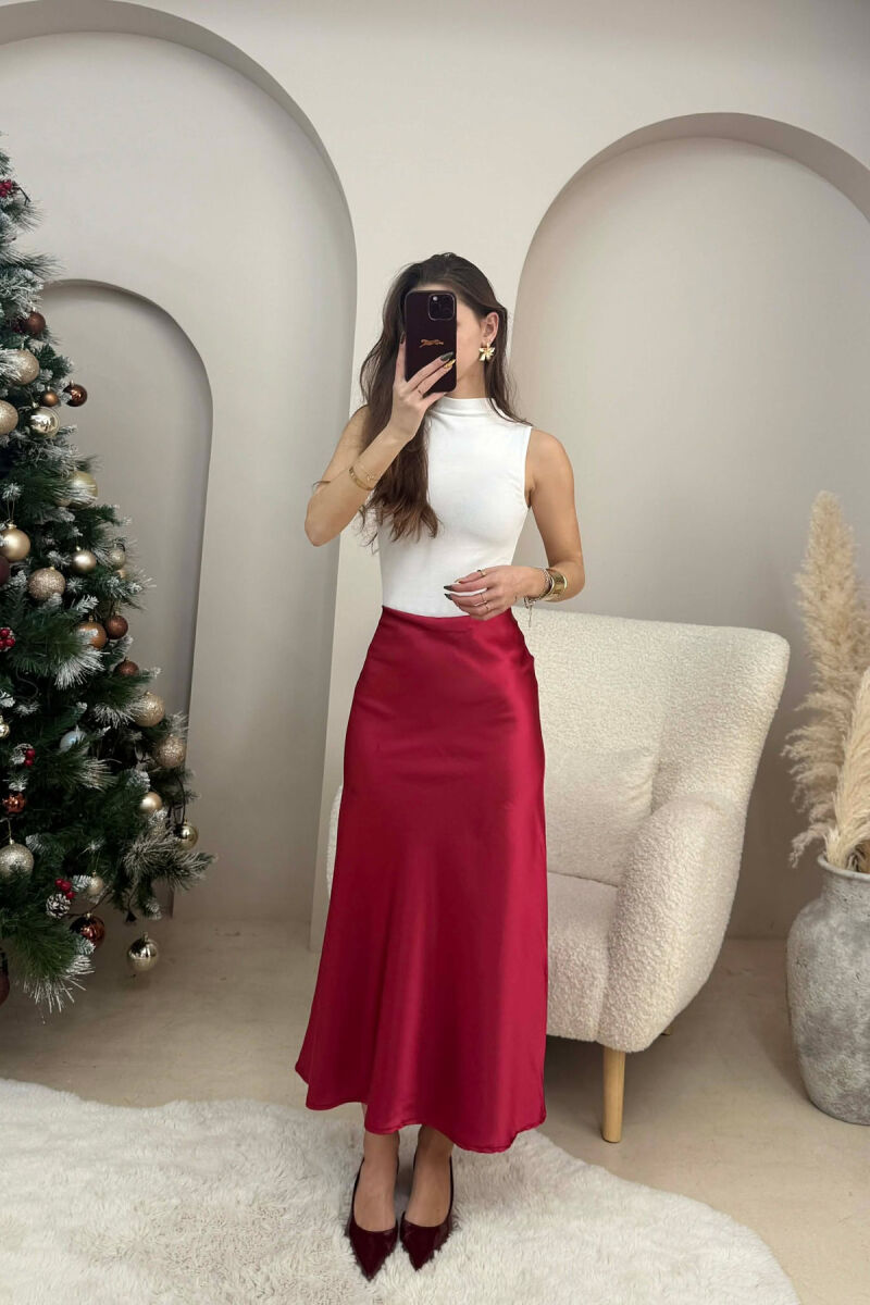 ONE COLOR LONG SATIN WOMEN SKIRT RED/E KUQE - 3