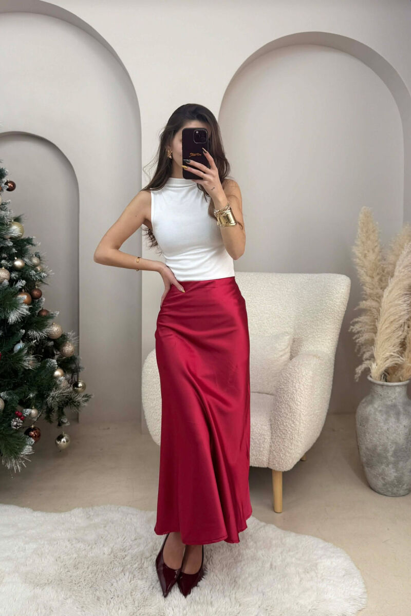 ONE COLOR LONG SATIN WOMEN SKIRT RED/E KUQE - 2