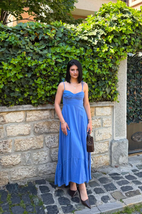 ONE COLOR LONG SIMPLE WOMEN DRESS BLUE/BLU - KLAUDIO FASHION