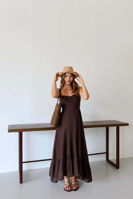 ONE COLOR LONG SIMPLE WOMEN DRESS BROWN/KAFE 