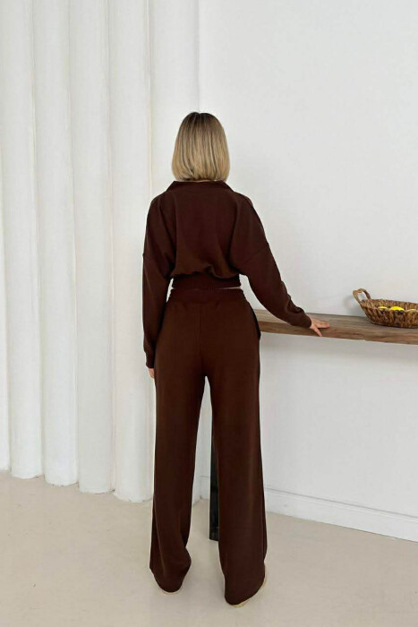 ONE COLOR LONG SLEEVE CROP TOP+TROUSERS WOMEN SET BROWN/KAFE - 3