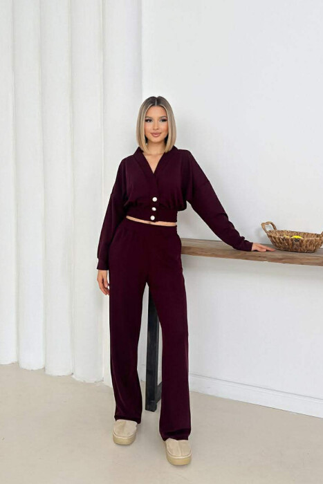 ONE COLOR LONG SLEEVE CROP TOP+TROUSERS WOMEN SET BURGUNDY/VISHNJE - 1