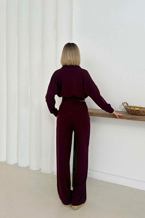 ONE COLOR LONG SLEEVE CROP TOP+TROUSERS WOMEN SET BURGUNDY/VISHNJE - 3