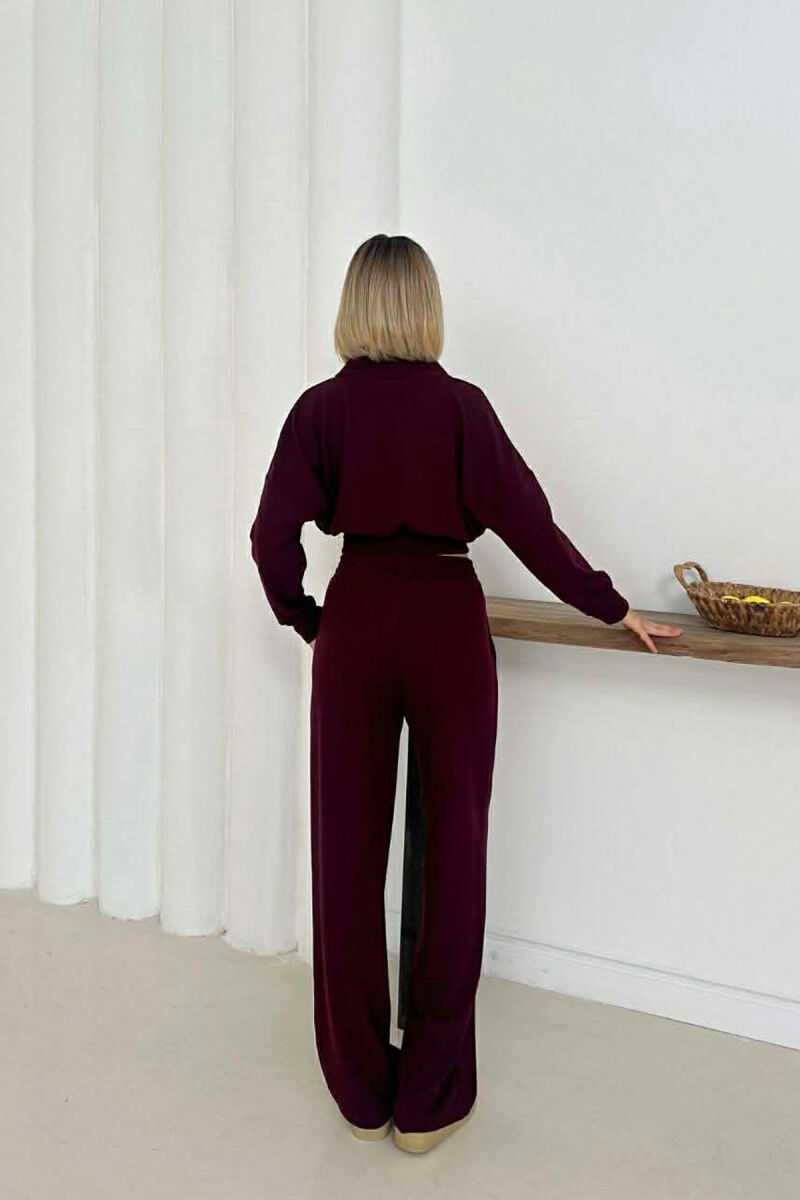 ONE COLOR LONG SLEEVE CROP TOP+TROUSERS WOMEN SET BURGUNDY/VISHNJE - 3