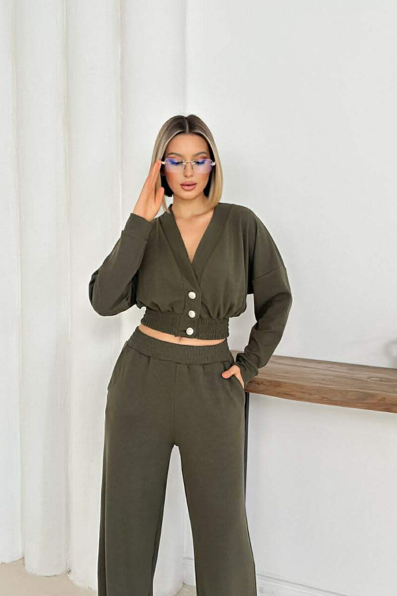ONE COLOR LONG SLEEVE CROP TOP+TROUSERS WOMEN SET GREEN/JESHILE - 2
